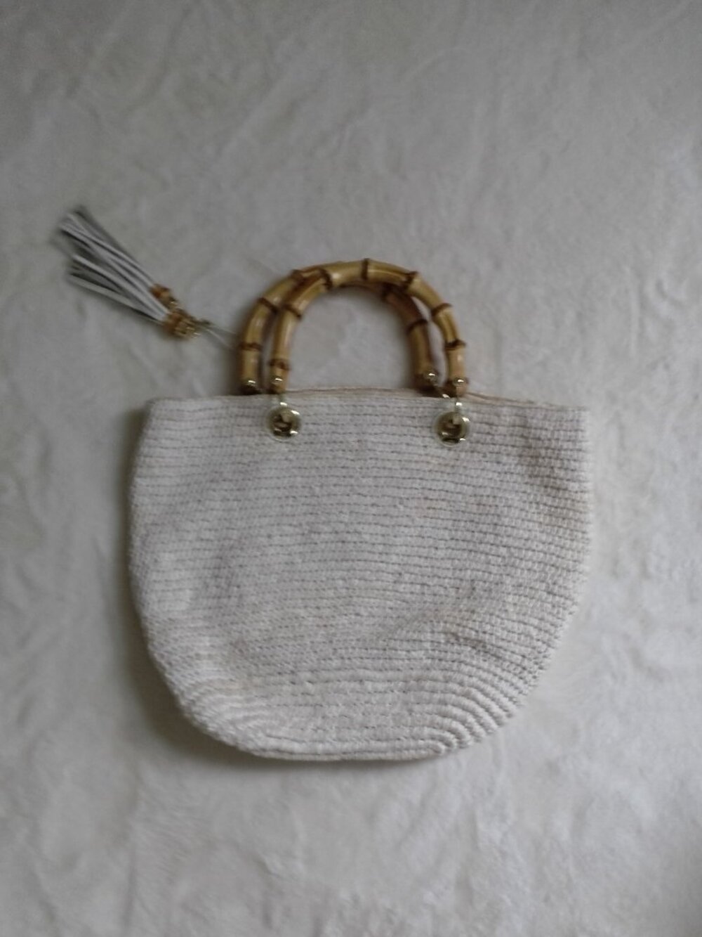 TALBOTS CREAM FABRIC PURSE W/BAMBOO HANDLES